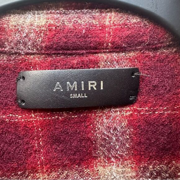 AMIRI Shirt Men Small Button Down Wool Flannel Cherub Plaid Burgundy Fall Logo - Picture 7 of 11